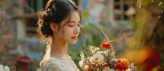 Bridal photo of a young Asian woman in a wedding dress receiving a bouquet in a pre wedding photo shoot setting with copy space image
