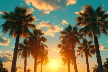 A row of palm trees swaying in the evening breeze, framed by the setting sun