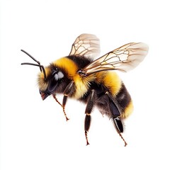 a stunning bee is flying, isolated on white background, macro, incredible pollinator