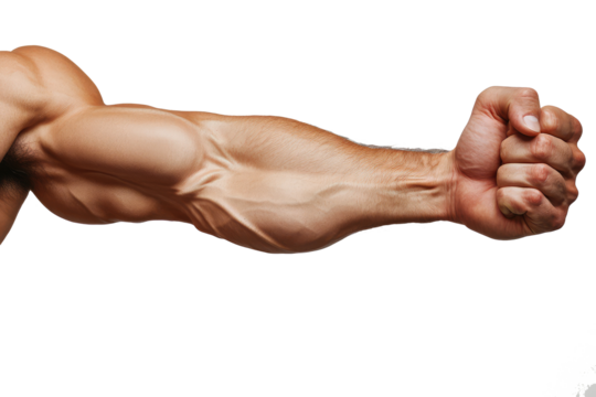 muscular male arm with clenched fist isolated on transparent background