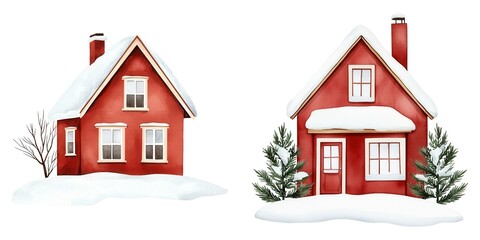 Fototapeta premium Charming red houses with snow-covered roofs, surrounded by winter scenery, ideal for seasonal themes and cozy holidays.