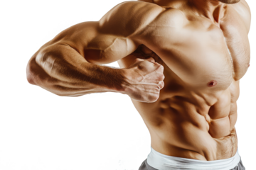 Strong muscular man showing muscles close-up isolated on transparent background