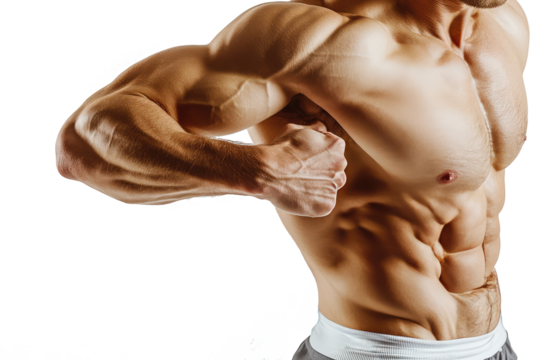 Strong muscular man showing muscles close-up isolated on transparent background