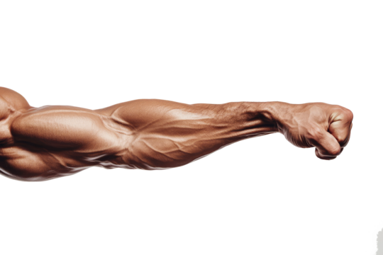 muscular male arm with clenched fist isolated on transparent background