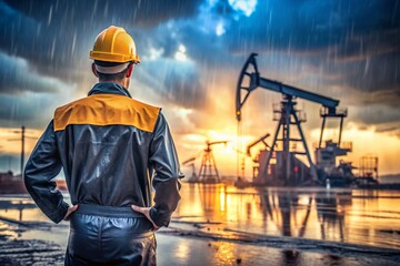 Oil production. An oil well and a man in work clothes and a construction helmet. Oil platform and industrial equipment. Difficult working conditions.