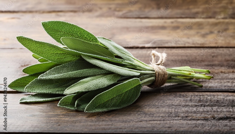 Wall mural bunch of fresh sage leaves on wooden table closeup