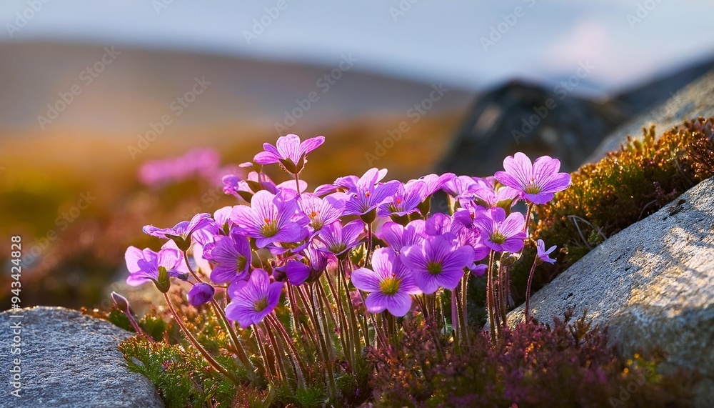 Sticker saxifraga oppositifolia the purple saxifrage or purple mountain saxifrage flowers growing on tundra rocks