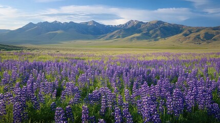 Naklejka premium Field of purple lupines in bloom with mountains in the background
