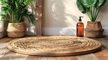 Fototapeta premium A cozy interior scene featuring a round woven rug on wooden flooring. There are two potted plants, one in a woven basket and another in a fabric bag. A brown liquid soap dispenser is placed nearby