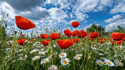 Obraz premium Field of red poppies and white daisies under a bright summer sky