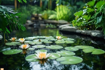 A small garden pond surrounded by lush greenery, with water lilies floating on the surface