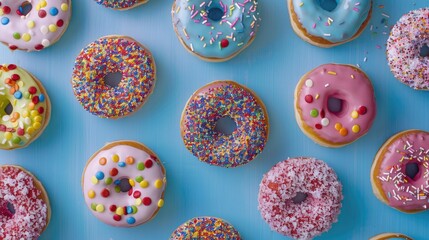 Round donuts with colorful fillings on blue surface viewed from above