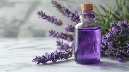 A bottle of lavender essential oil is on a table next to purple flowers