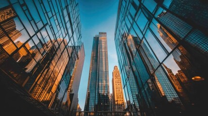 Glass skyscraper reflecting the surrounding cityscape under a clear blue sky