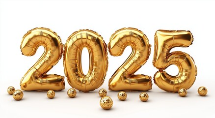 New Year gold text 2025 made of golden foil on white background