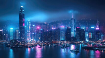 Obraz premium Night view of a brightly lit urban skyline with towering skyscrapers and city lights