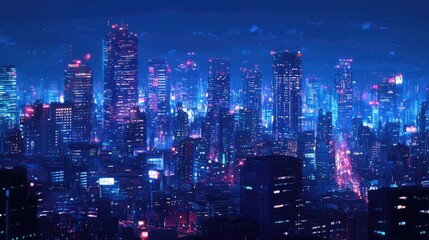 Night view of a brightly lit urban skyline with towering skyscrapers and city lights