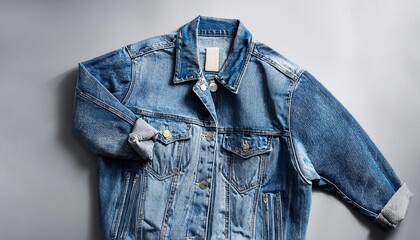 Trendy denim jackets laid out on a grey surface