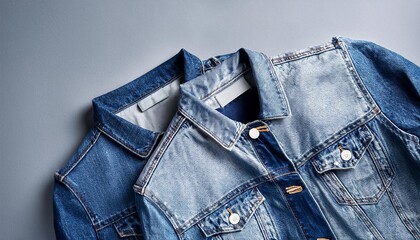 Trendy denim jackets laid out on a grey surface