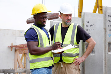 Male engineer wearing safety helmet working at construction site, precast concrete wall factory.