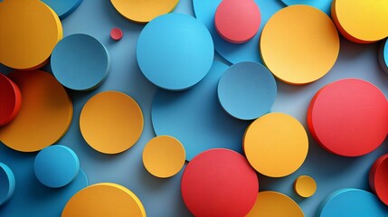A vibrant arrangement of colorful circles in various sizes, featuring shades of blue, yellow, and red. The circles are layered and scattered across a light background