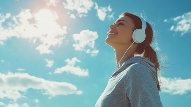 Joyful woman enjoying music outdoors under a bright blue sky with fluffy clouds on a sunny day