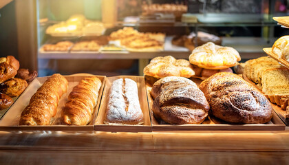 Burgers of all kinds such as soft white bread, whole wheat bread and croissants that are baked on the outside and soft on the inside, ready to serve as breakfast or a snack.