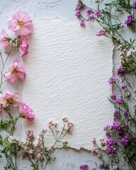 Invitation Card or paper Mockup with fresh flowers and leaves, Ideal for Celebration Greeting with Copy Space for Personalized Messages