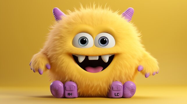 a cute purple monster character holding a white blank sign against a yellow background.
