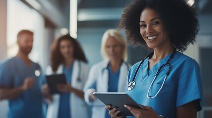 A diverse group of healthcare professionals collaborating in a hospital setting during daytime, focusing on patient care and technology