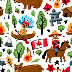 Obraz premium Bright cheerful children seamless vector pattern with symbols of Canada. American Indian, maple leaf, grizzly, mounted police. Alaska landmarks. Childish Forest travel background. North America