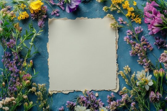 Invitation Card or paper Mockup with fresh flowers and leaves, Ideal for Celebration Greeting with Copy Space for Personalized Messages