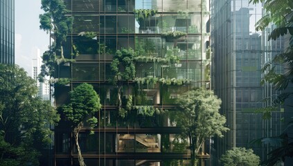 Sustainable green building Ecofriendly building Sustainable glass office building with tree for reducing carbon dioxide Office with green environment Corporate building reduce CO2