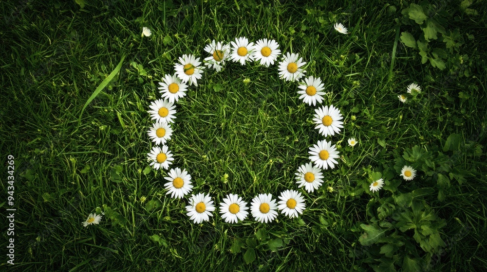 Aufkleber top view of a daisy chain laid out in a circular pattern on a grassy field