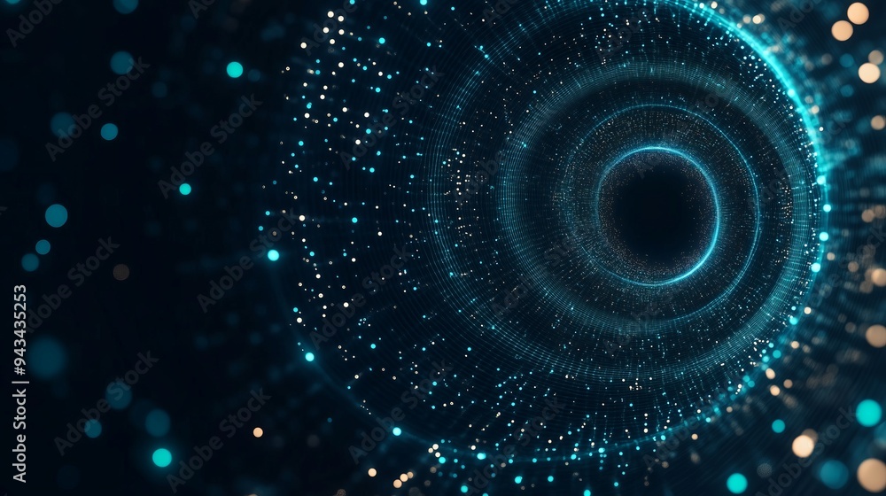 Poster digital tunnel of cyberspace with particles and lighting.