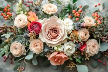 Elegant Marble Paper Wedding Invitation with Floral and Greenery Accents on a Gray Background