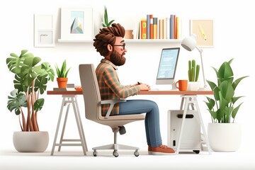 3D cartoon-style man working at a desk in a home office with plants.