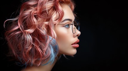 Fototapeta premium A profile portrait of a young woman with curly, pastel pink hair and blue highlights, wearing stylish glasses. The background is dark, emphasizing her features and hair.