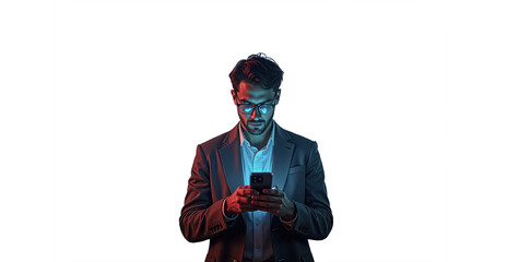 A Businessman is looking at his phone while walking down the street at night cut out Png for design, Urban Nightlife: Tech-Savvy Man Engrossed in Mobile Content