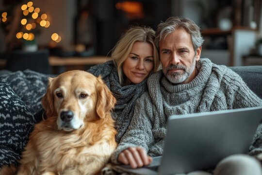“Mature Couple Relaxing at Home with Laptop and Labrador Dog on a Cozy Sofa”