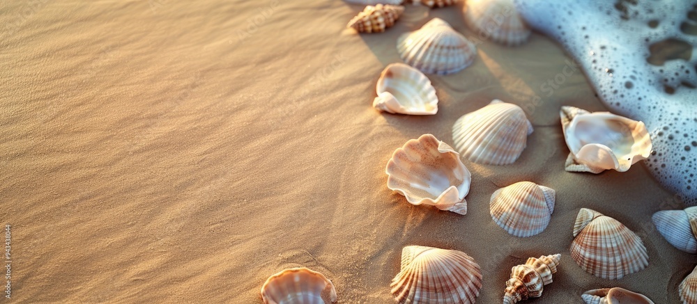 Leinwandbilder top down view of seashells on sandy beach with copy space for your own image