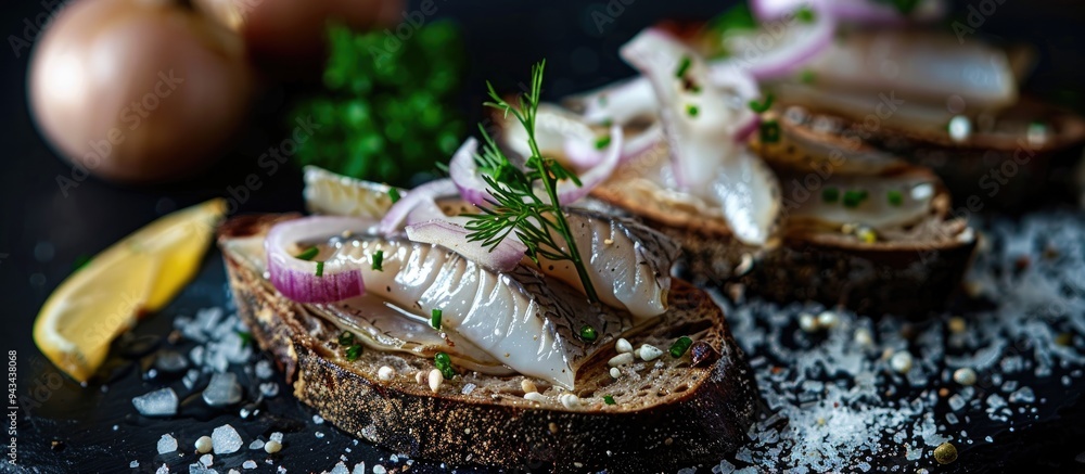 Poster A canape with salted herring onions on dark bread displayed with copy space image on a black background