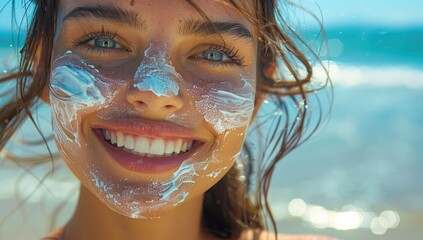 A beautiful woman smiles at the camera, her face is white with sunscreen on it and she has blonde hair in pigtails. She stands against a sunny beach background.