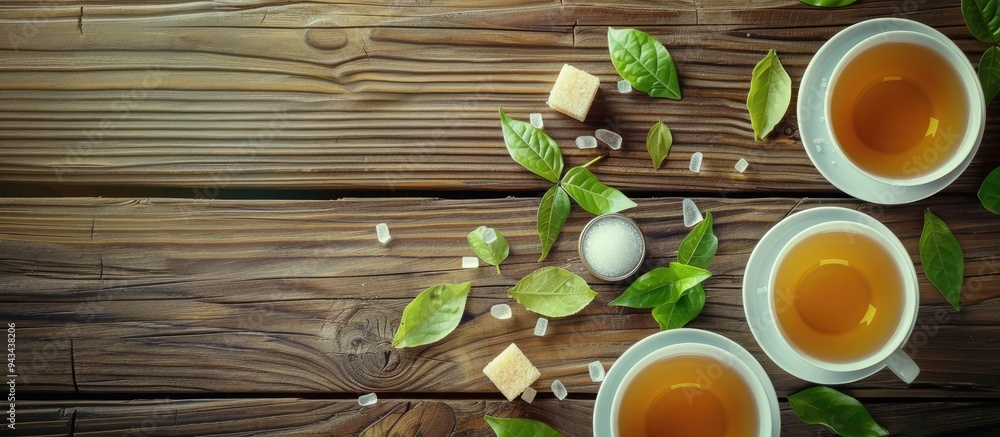 Poster Flat lay composition featuring cups filled with refreshing green tea a sugar bowl and tea leaves on a wooden table with available space for text in the image. Creative banner. Copyspace image