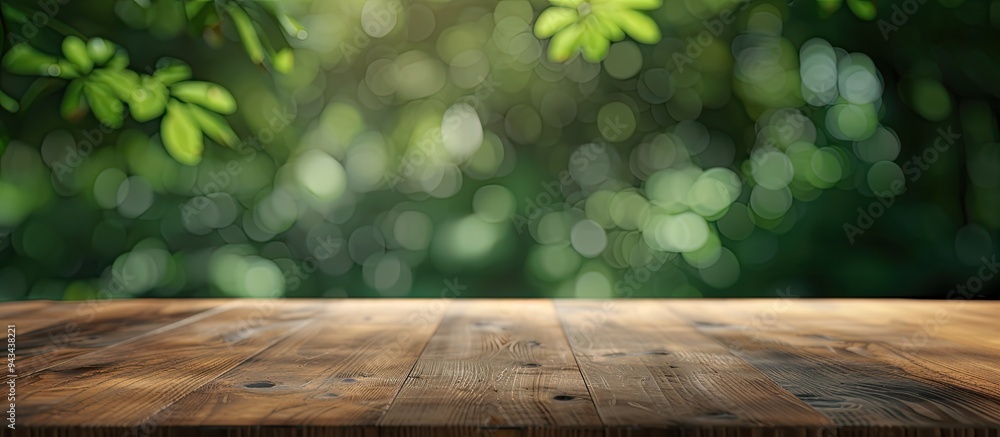 Aufkleber table with no items on it set against a blurred green backdrop ideal for copy space image