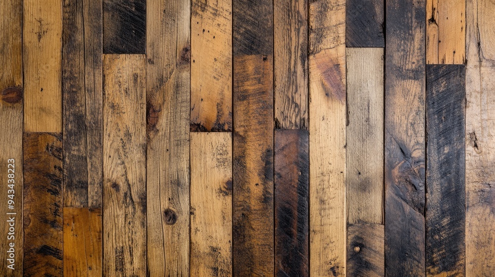 Poster top view of a rustic wooden floor with natural grain and texture, ideal for backgrounds and product 