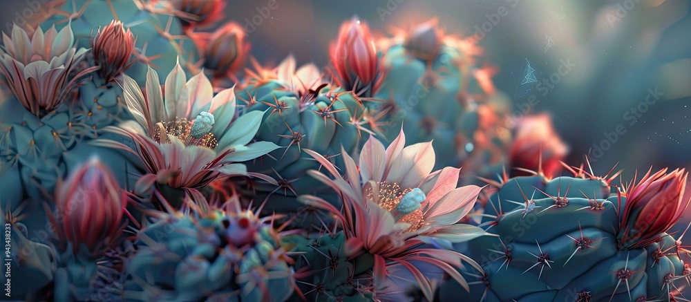 Sticker Macro image of stunning cactus flowers for wallpaper with ample copy space image