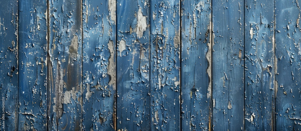 Wall mural Texture of a blue plywood wall with peeling paint creating a rustic look providing a suitable background for a copy space image