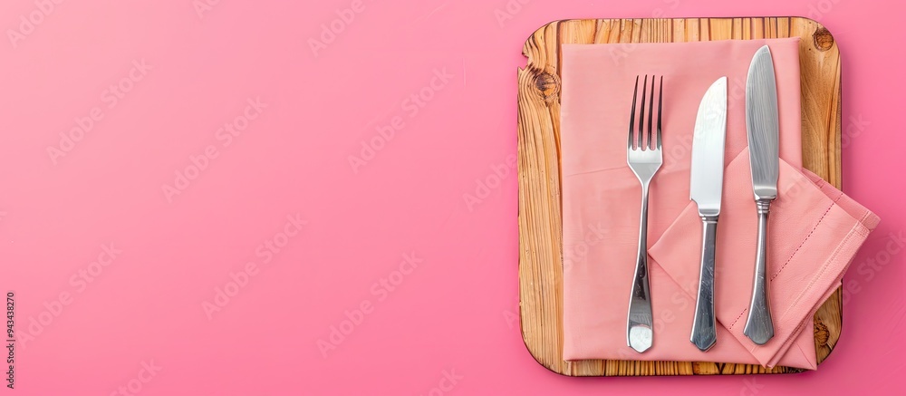 Aufkleber top view of a cutting board with a napkin on a colored background displaying copy space image