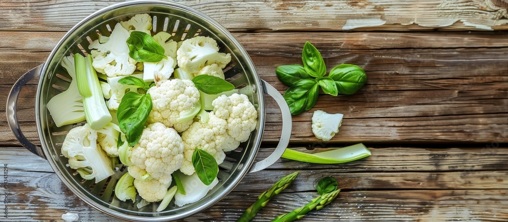 Poster Flat lay of a metal colander filled with cauliflower fennel and asparagus on a wooden table with available space for text incorporating a copy space image